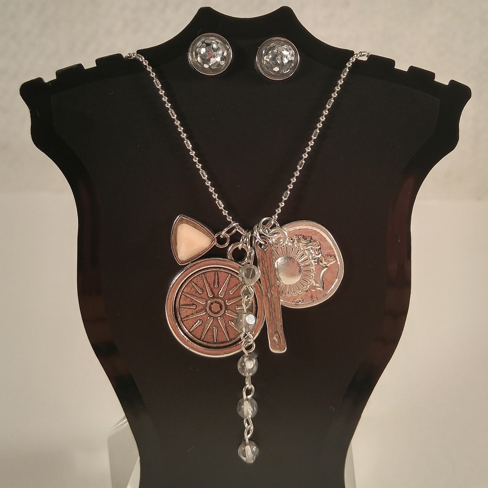 Necklace earring set silver charm pendant sparkle